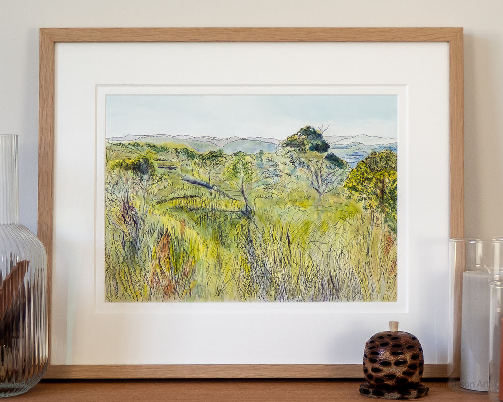 Original Australian landscape painting native heathland on Topham Track, Ku-ring-gai Chase National Park Sydney by Carollyne Smithson - framed