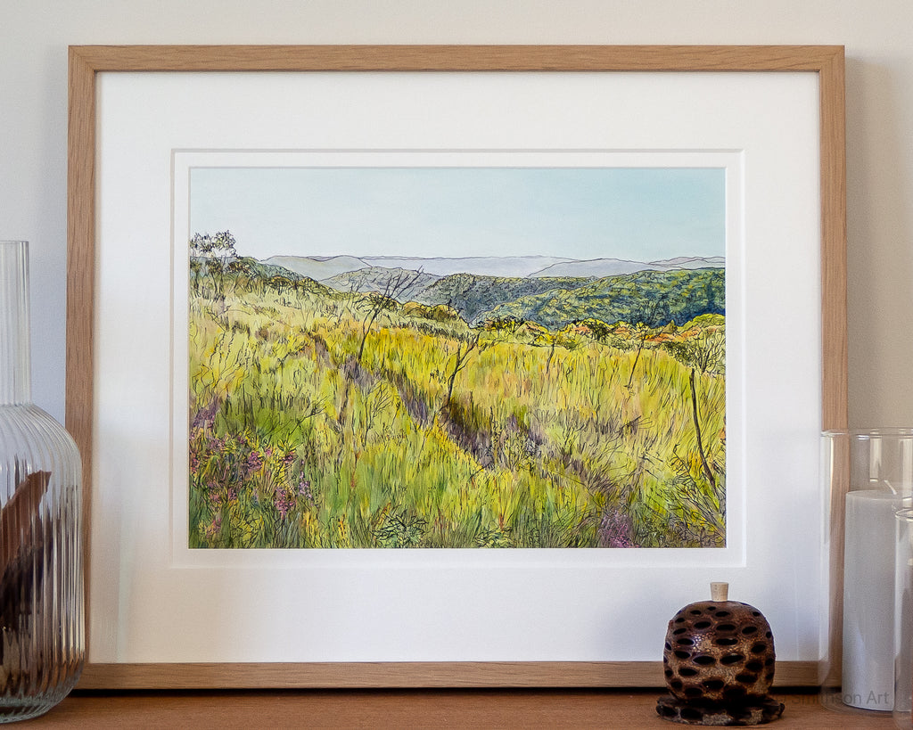 Original Australian landscape painting native heathland on Topham Track, Ku-ring-gai Chase National Park Sydney  by Carollyne Smithson - framed