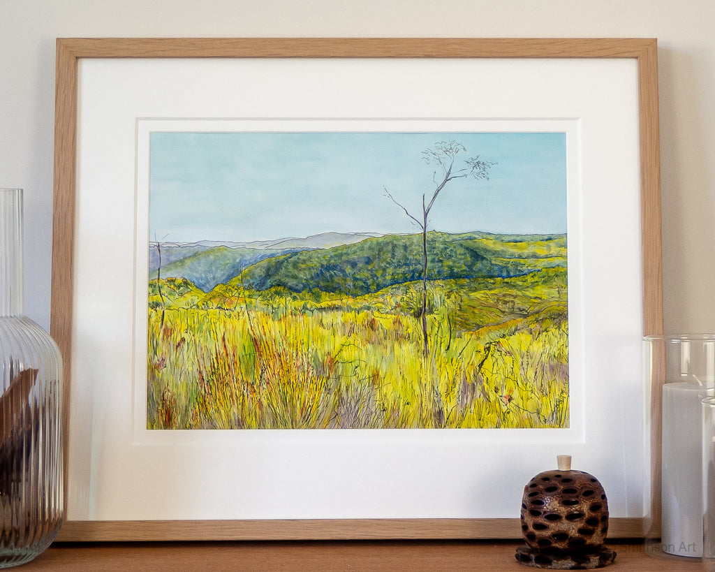 Original Australian landscape painting native heathland on Topham Track, Ku-ring-gai Chase National Park Sydney  by Carollyne Smithson - framed