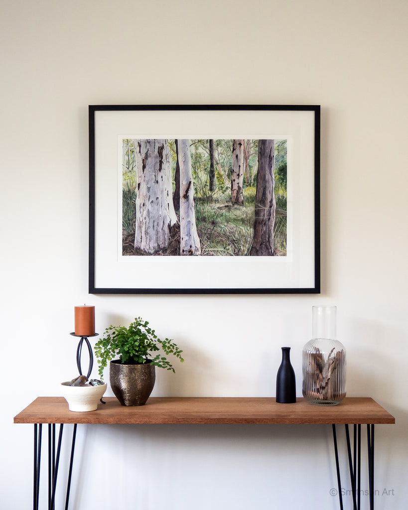Australian landscape painting gum trees A2 print black frame