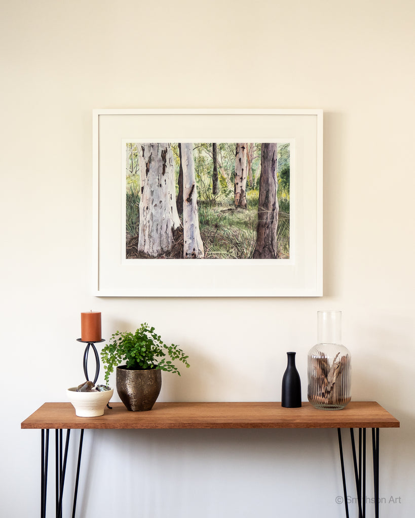 Australian landscape painting gum trees A2 print white frame