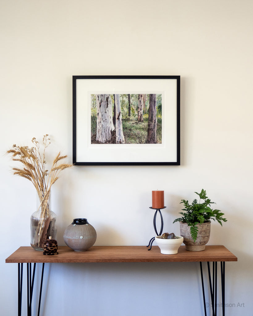 Australian landscape painting gum trees A3 print in black frame