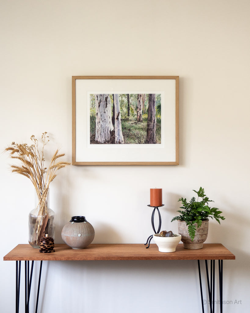 Australian landscape painting gum trees A3 print oak frame